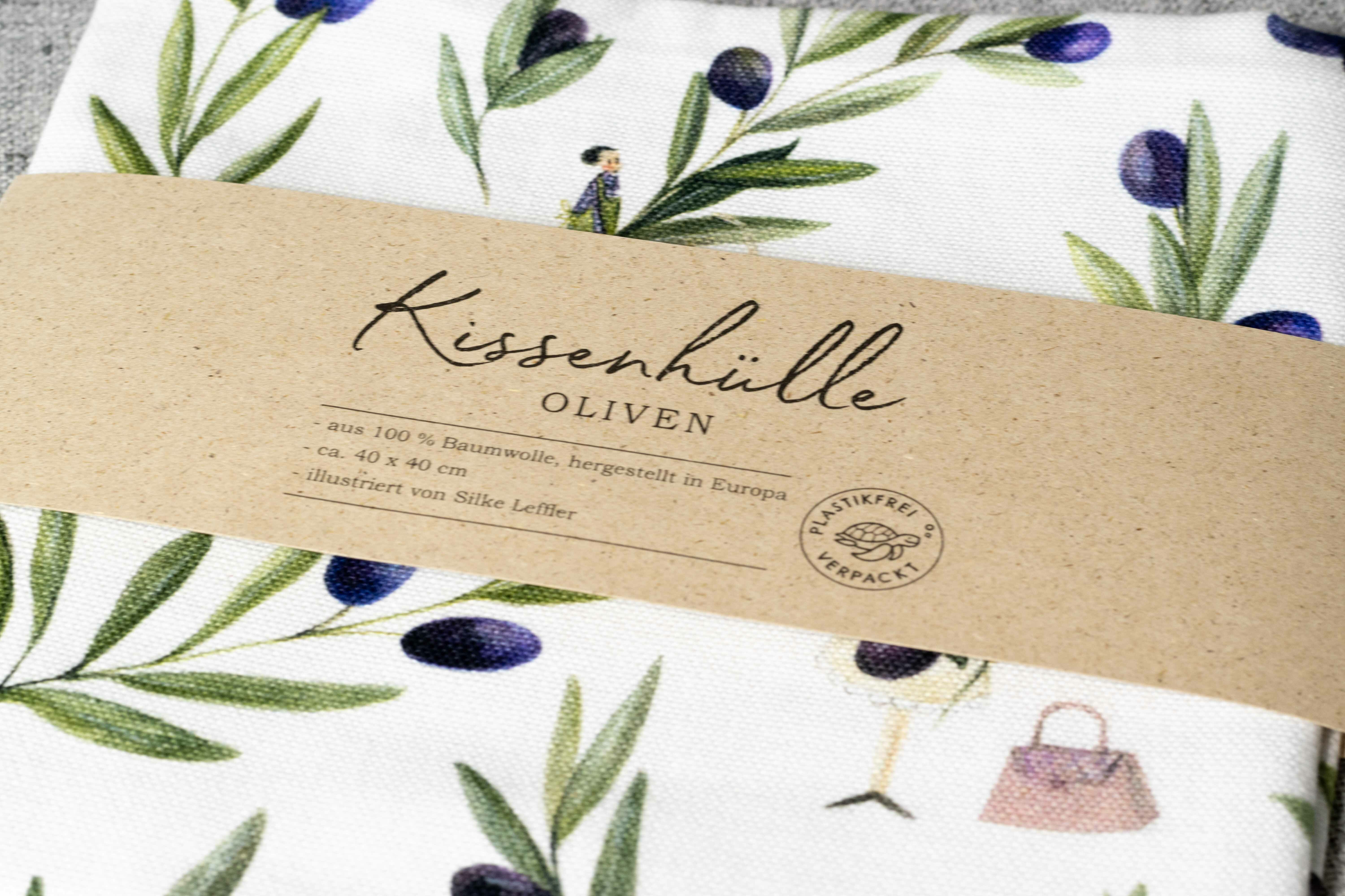 Kissenhülle plastikfrei verpackt und Oliven Illustrationen von Silke Leffler aus dem Grätz Verlag