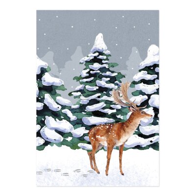 Postkarte Winternacht Hirsch im Schnee