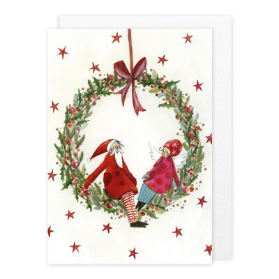 Doppelkarte Kranz mit Engel und Weihnachtsmann