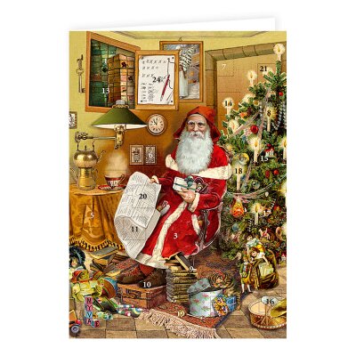 Adventskalender-Doppelkarte Weihnachtsmann mit Wunschzettel