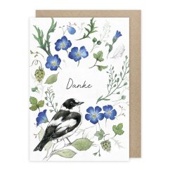 Doppelkarte Vogel mit blauen Blumen