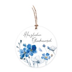 Geschenkanh&auml;nger mit Band Blaue Blumen Herzlichen Gl&uuml;ckwunsch