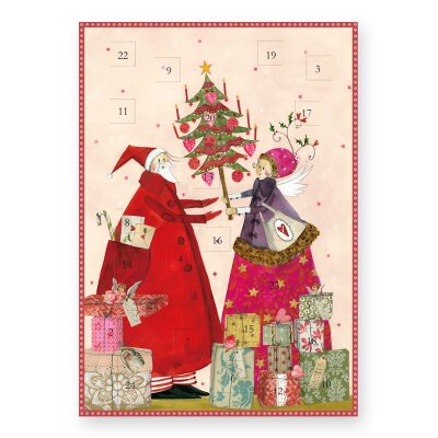 Adventskalender mit Weihnachtsmann und Engel